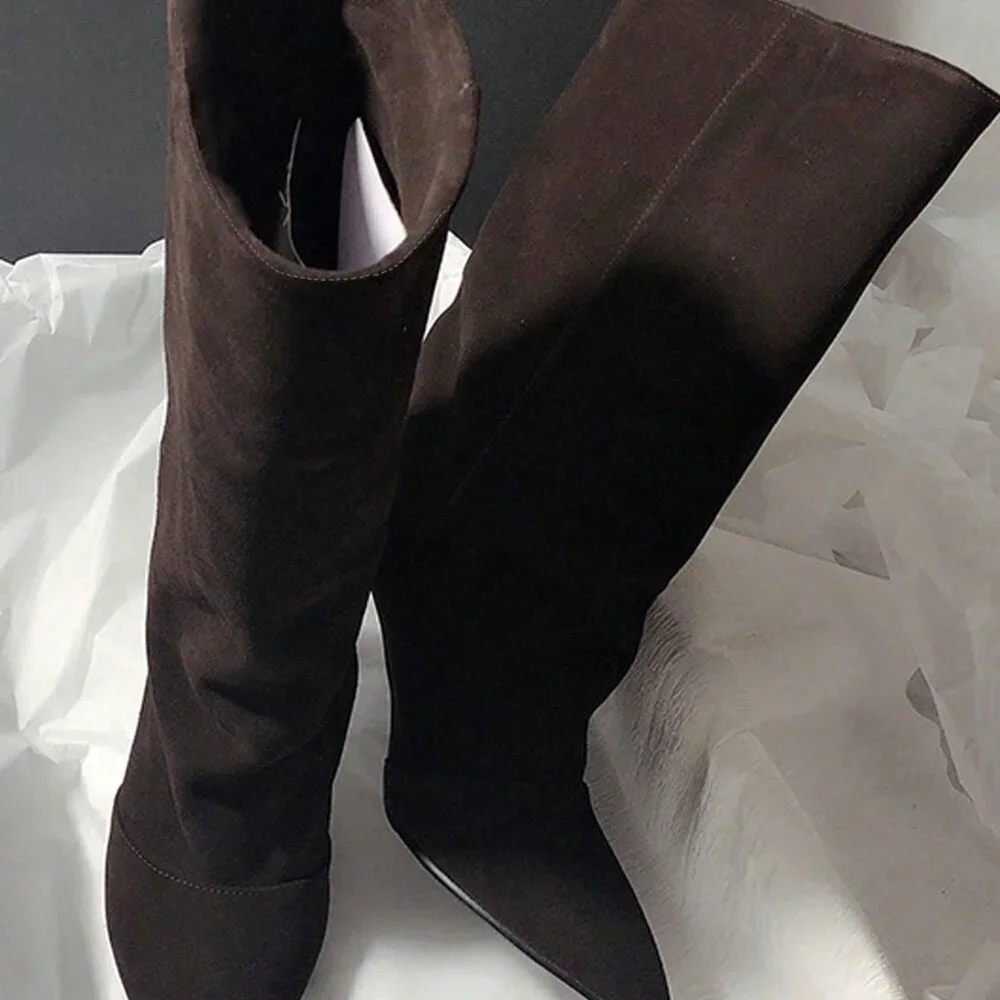 Brown Elegant Women's Suede Pointed Toe Western Cowgirl Boots